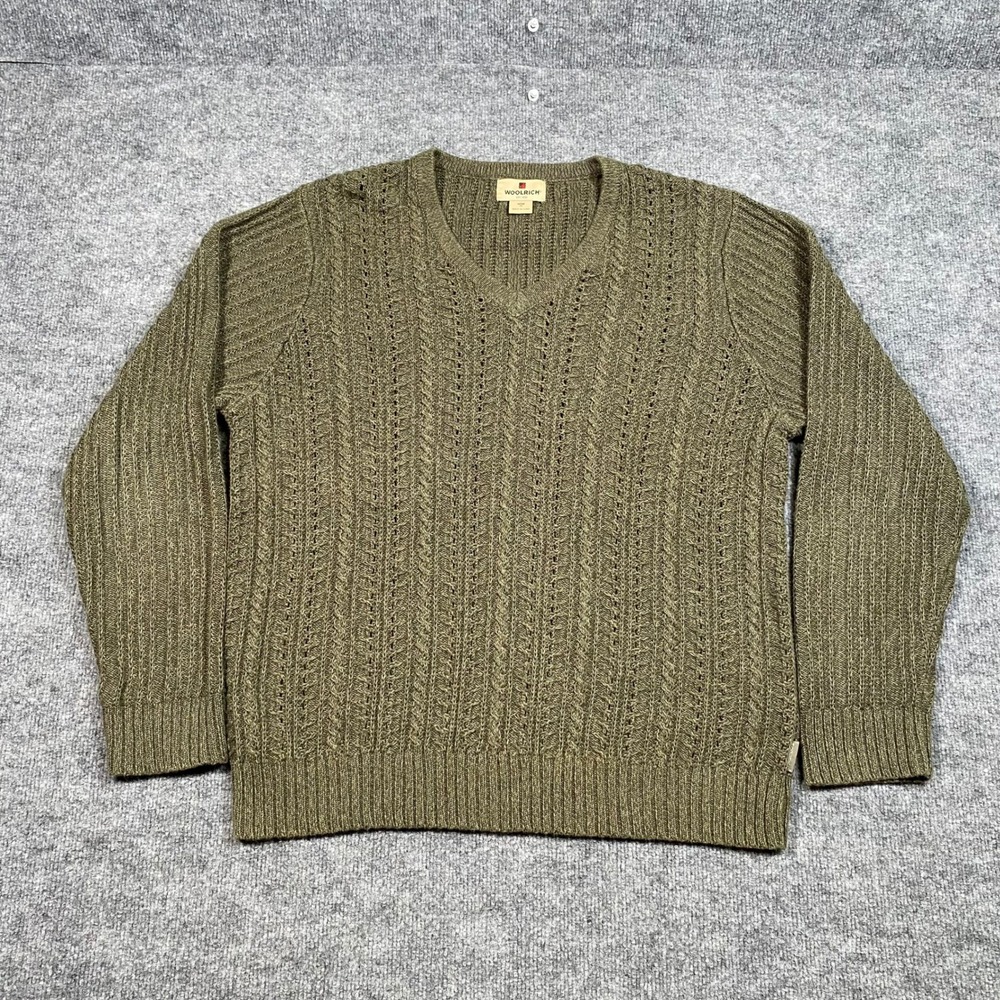Woolrich Mens Olive Green V-Neck Cable‎ Knit Ramie Cotton Sweater Size M 13021